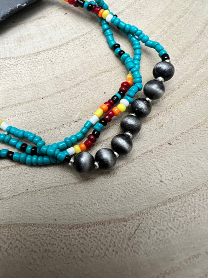 Western Seed Bead & Navajo Pearl Stretch Bracelet Set — 3-Piece Turquoise Stack