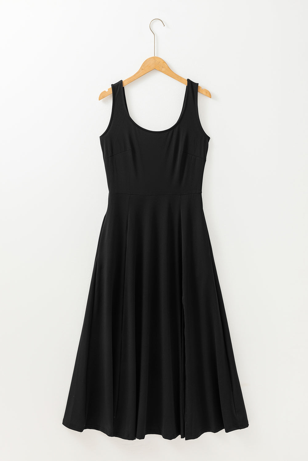 Solid Sleeveless Flared Side Slit Midi Dress