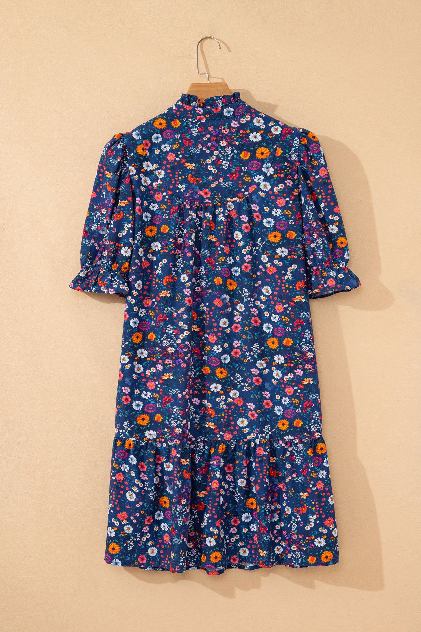 Floral Split Neck Puff Sleeve Mini Dress