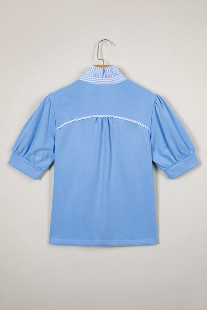 Stripe Frilled Collar Short Sleeve Blouse