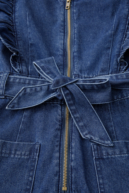 Denim Ruffle Sleeve Zip Front Belted Romper