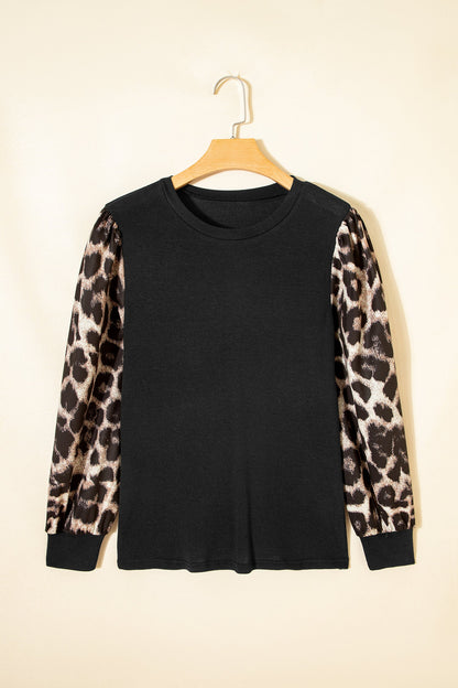 Leopard & Floral Patchwork Puff Sleeve Top