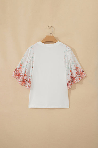 Floral Patchwork Ribbed Knit Short Sleeve Top