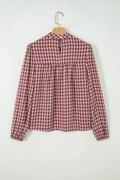 Plaid Button Keyhole Pleated Long Sleeve Blouse