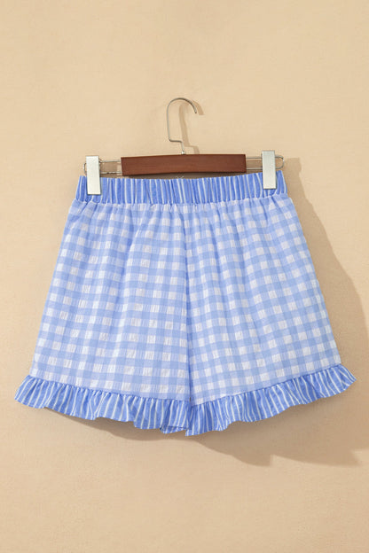Gingham Ruffle Stripe Patchwork Lace Tie Shorts