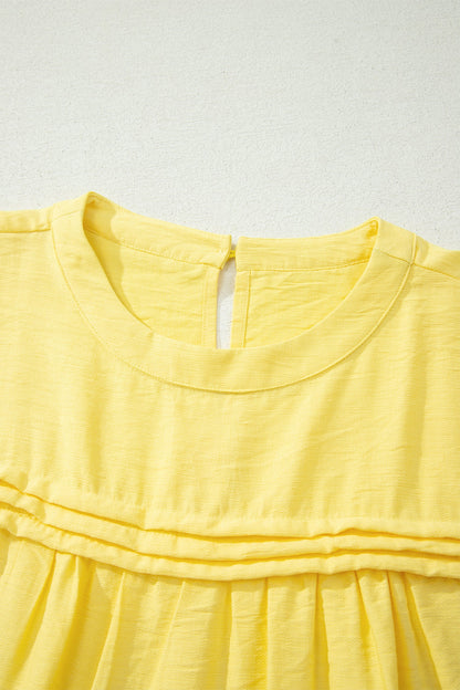 Solid Pleated Tie Sleeve Babydoll Blouse