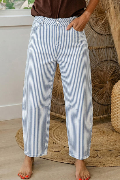 Stripe Denim High Waist Barrel Leg Jeans