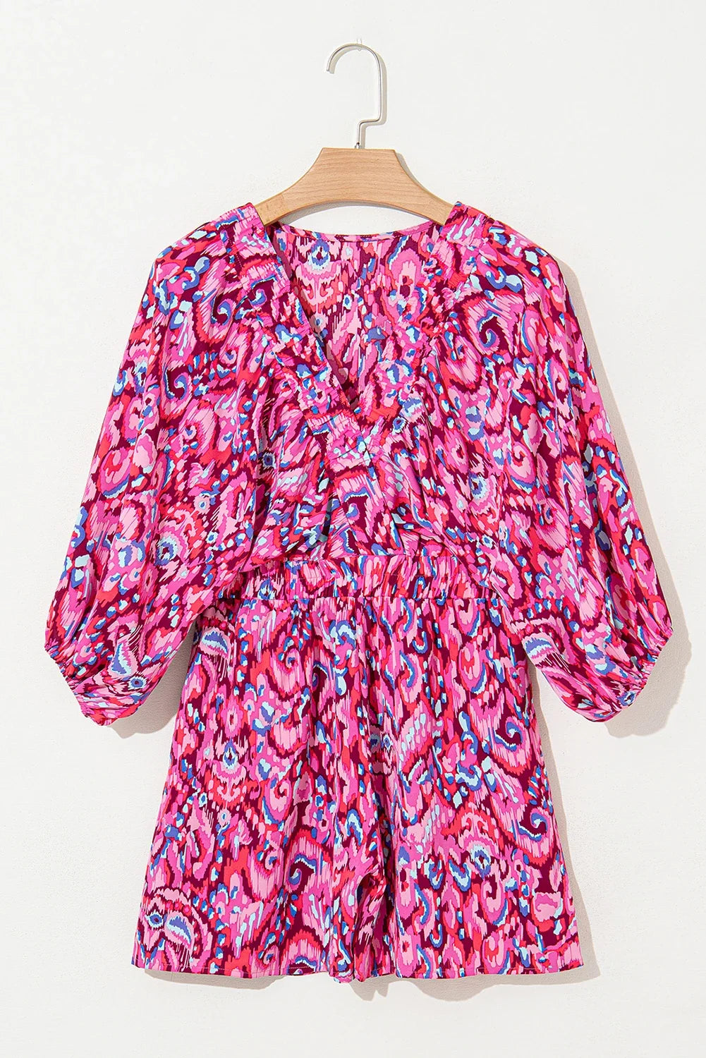 Abstract Puff Sleeve V-Neck High Waist Romper