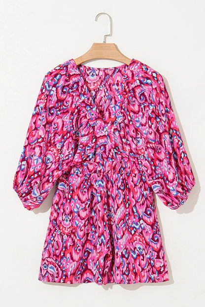 Abstract Puff Sleeve V-Neck High Waist Romper
