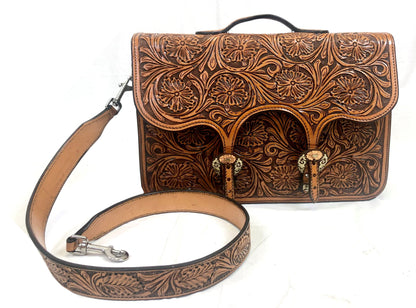 Floral Tooled Briefcase with Cow Hide