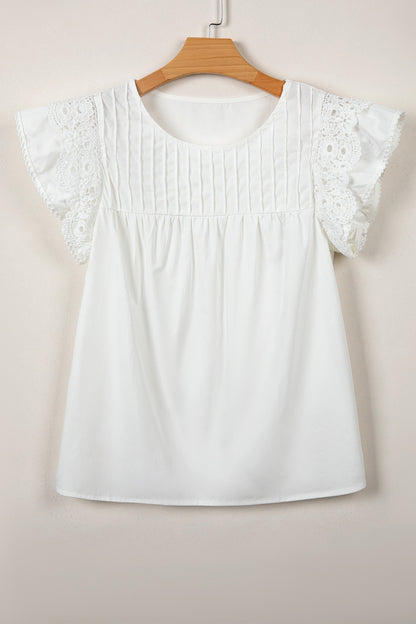 Solid Lace Flutter Sleeve Pleated Blouse
