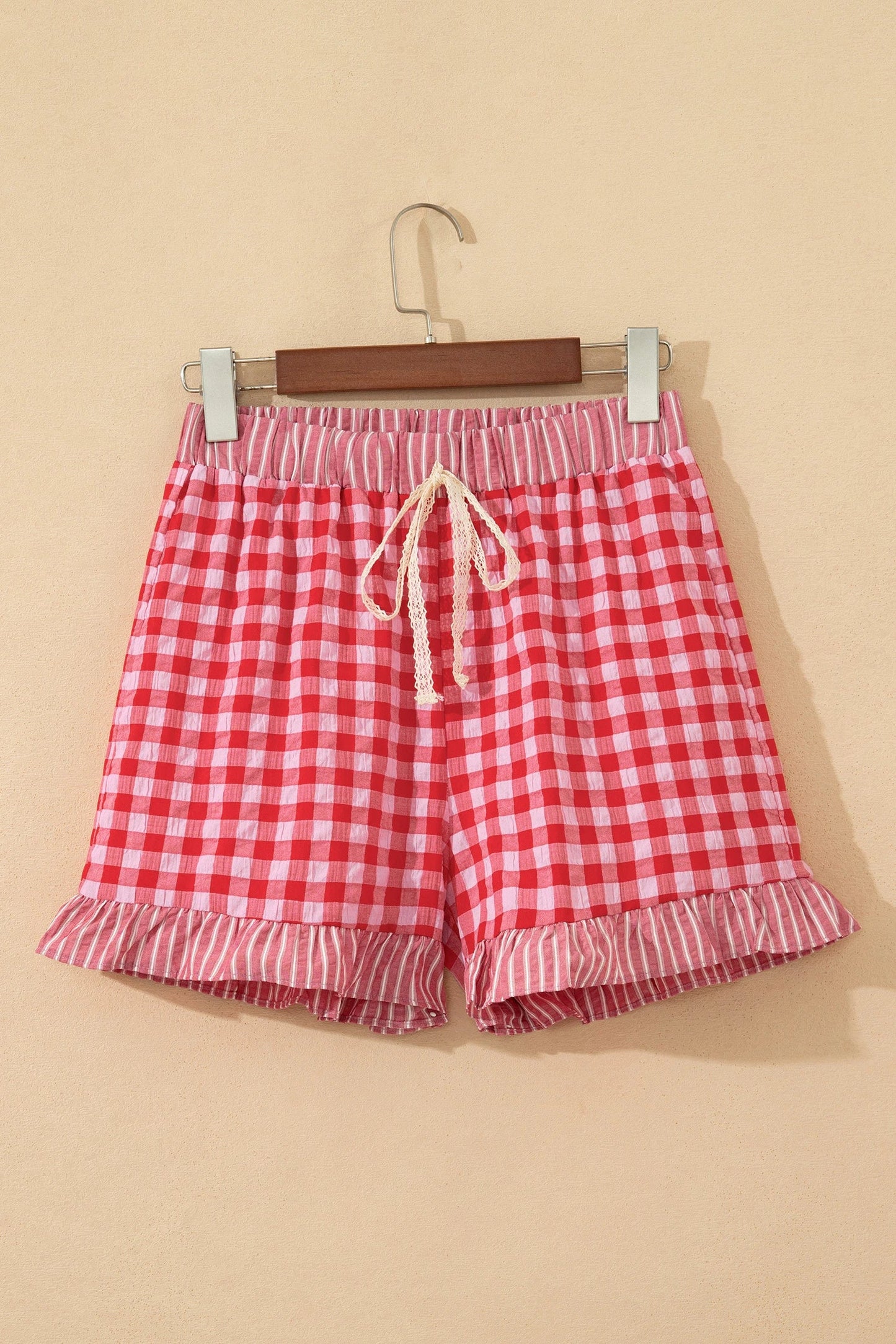 Gingham Ruffle Stripe Patchwork Lace Tie Shorts