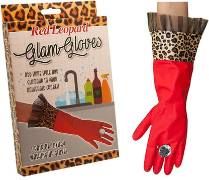 💅 Red Leopard Glam Gloves – With Giant Bling Ring