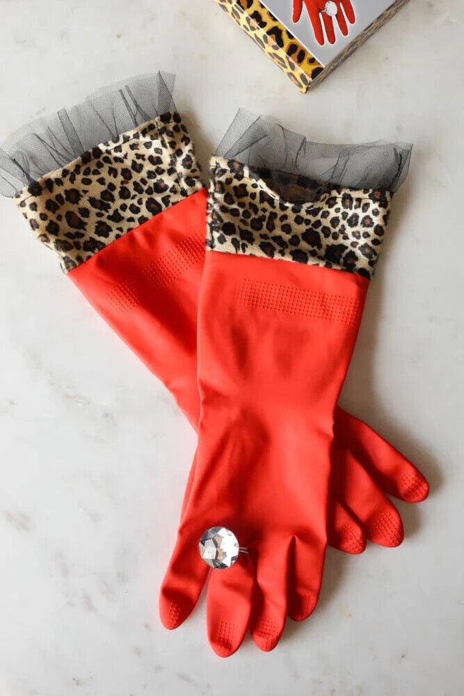 💅 Red Leopard Glam Gloves – With Giant Bling Ring
