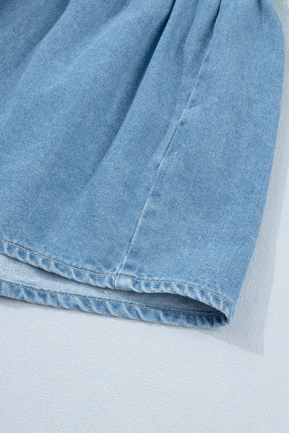 Denim Short Puff Sleeve Ruffle Hem Buttoned Dress