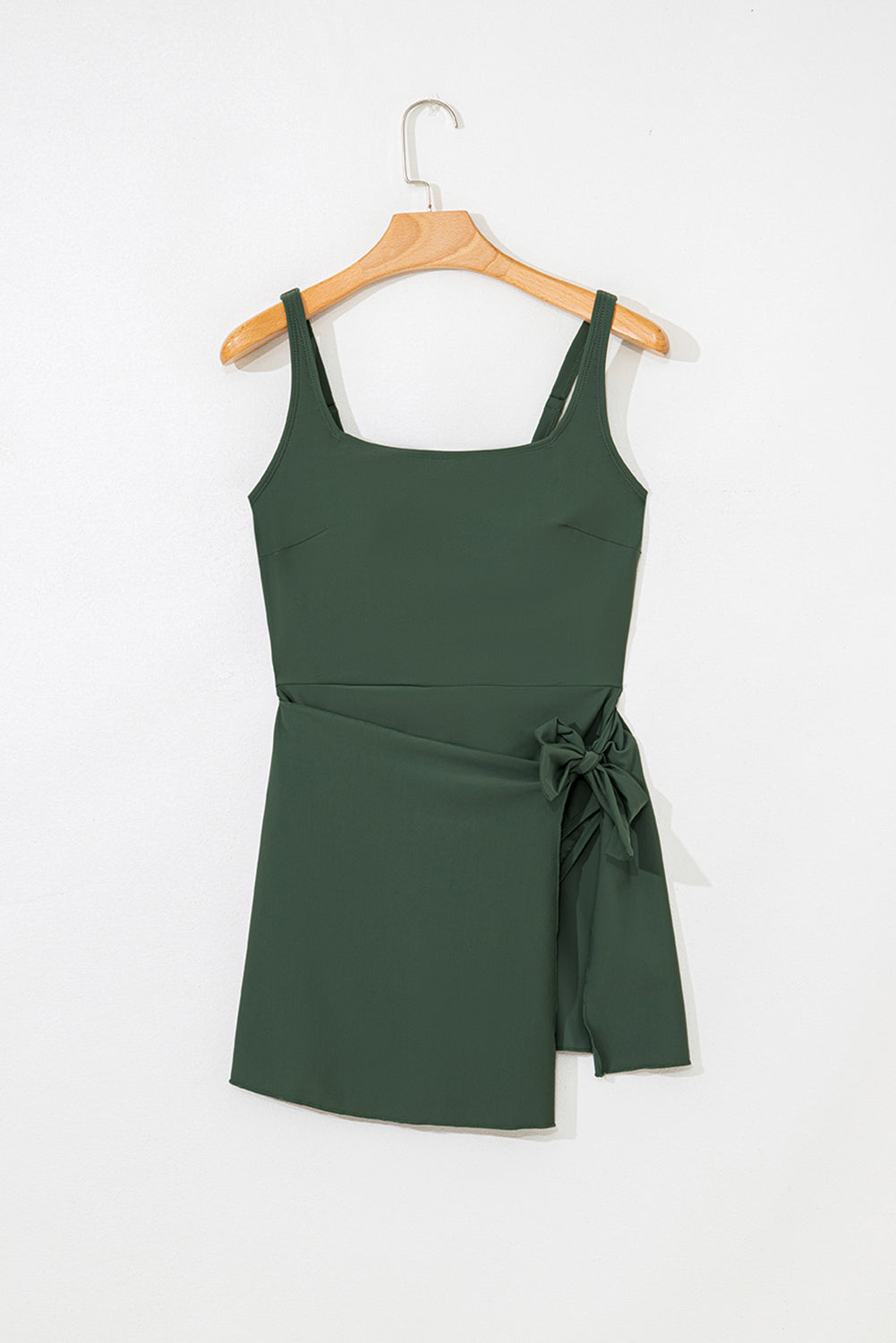 Solid Wrap Tie Waist Square Neck Swim Dress