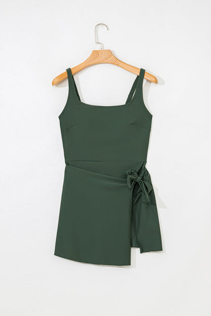 Solid Wrap Tie Waist Square Neck Swim Dress