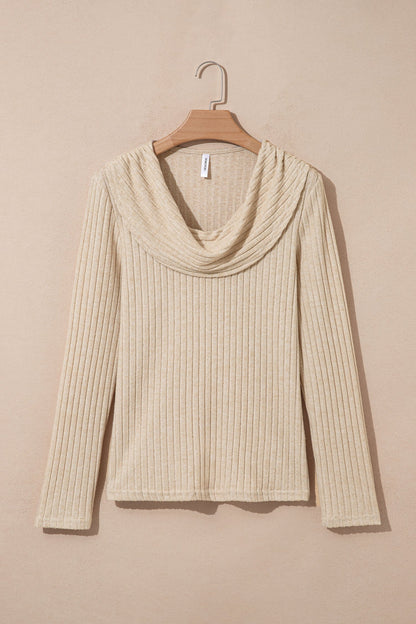 Solid Ribbed Knit Cowl Neck Long Sleeve Top