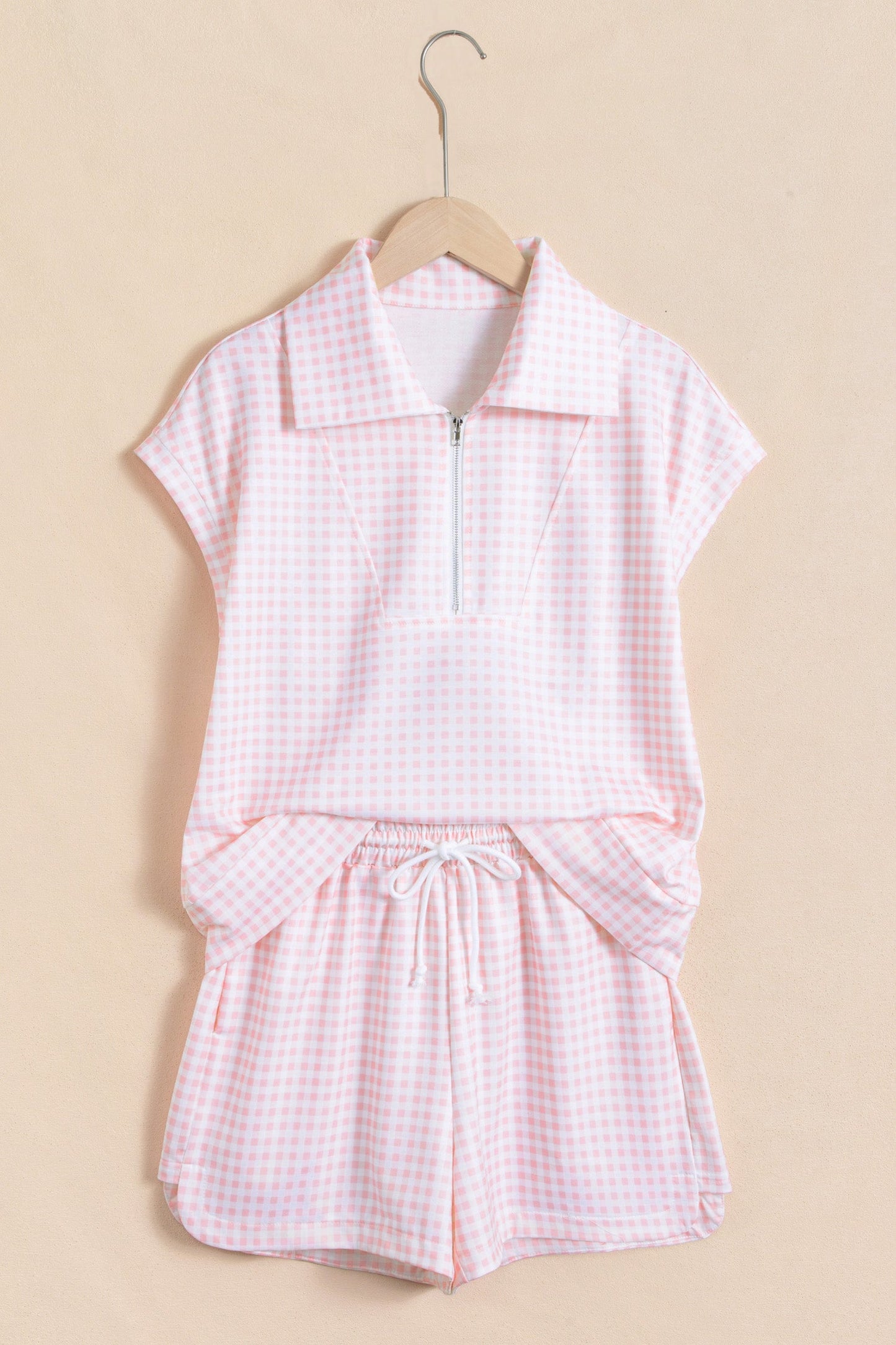 Gingham Half Zip Top & Elastic Waist Shorts Set