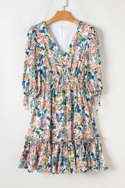 Floral 3/4 Sleeve V-Neck High Waist Ruffle Dress
