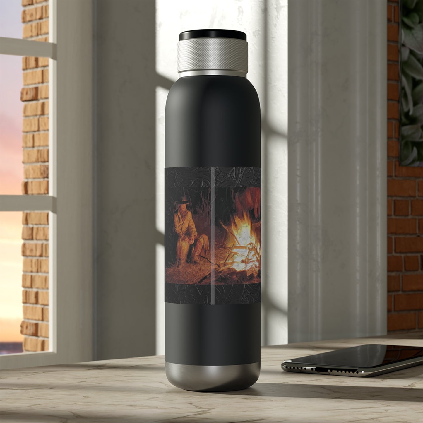 Campfire Cowboy Black Leather Print Background Soundwave Copper Vacuum Bluetooth Audio Bottle 22oz