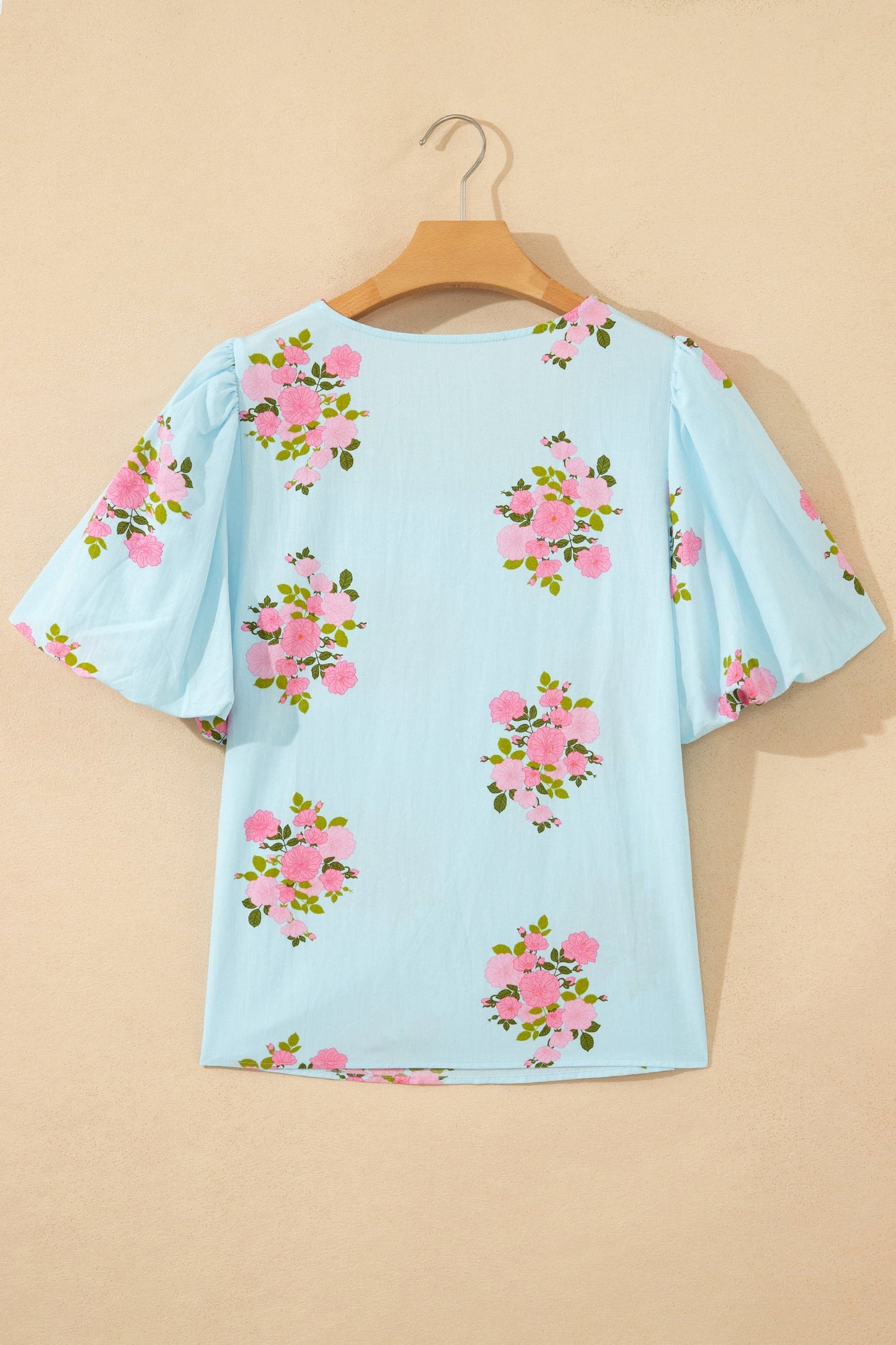 Floral Contrast Ricrac Trim Bubble Sleeve Blouse