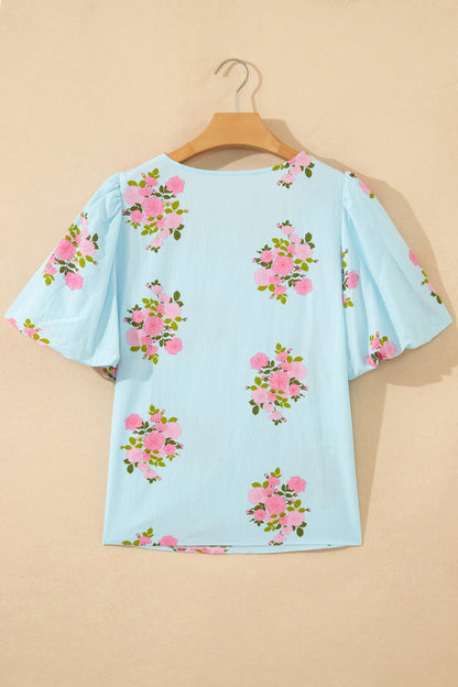 Floral Contrast Ricrac Trim Bubble Sleeve Blouse