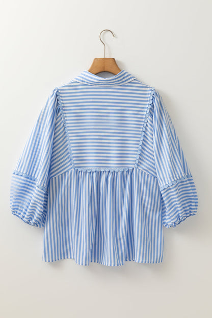 Stripe Shirt Collar V-Neck Ricrac Trim Blouse