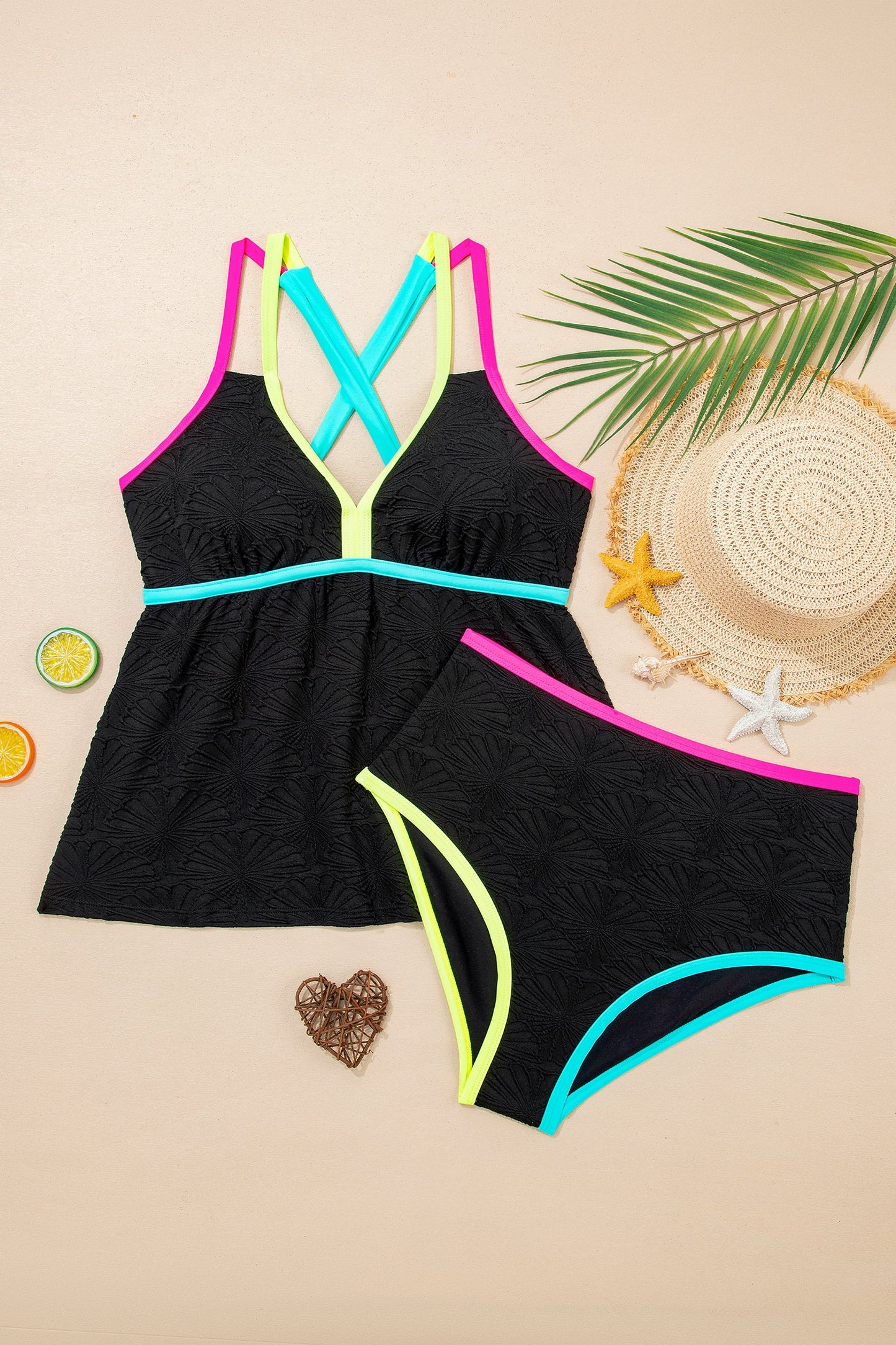 Floral Textured Neon Trim Crisscross Tankini Set