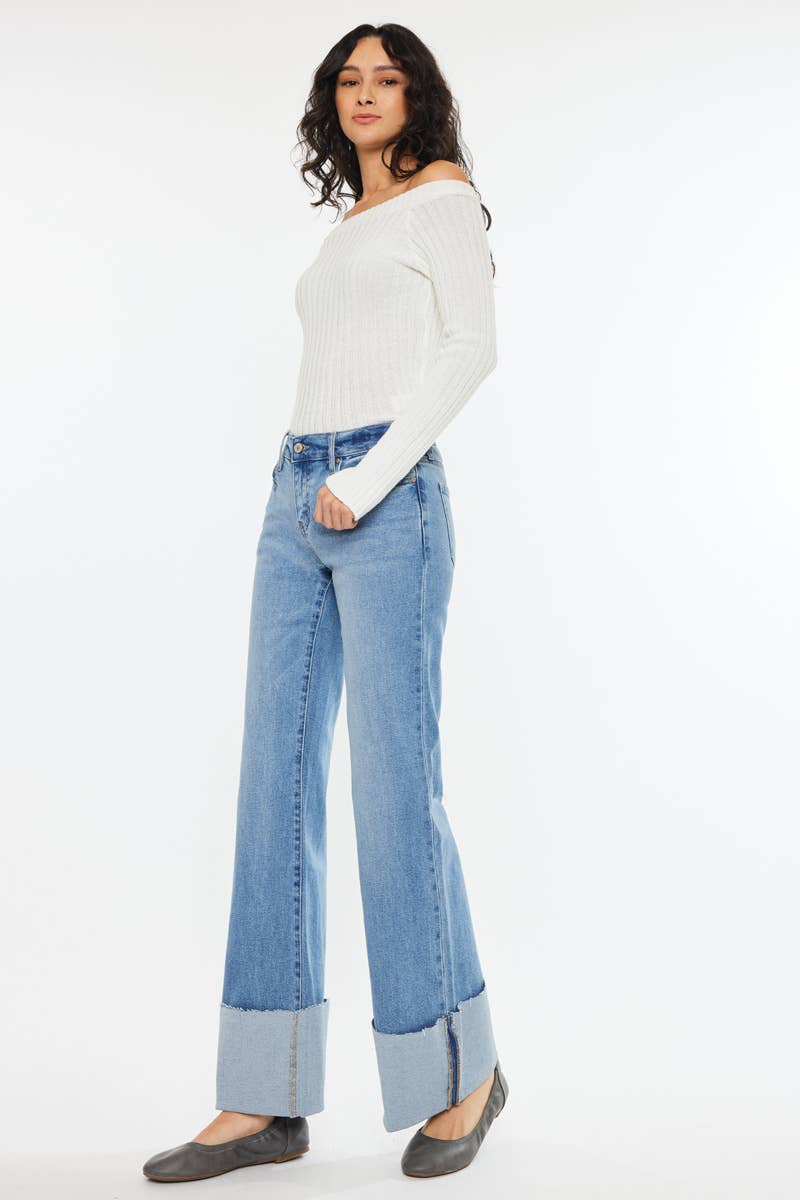 Kan Can Mid Rise Wide Flare Cuff Western Jeans — Medium Wash Stretch Denim, 5 Pocket, Cuffed Raw Hem (sizes 1, 11 and 13 remain)