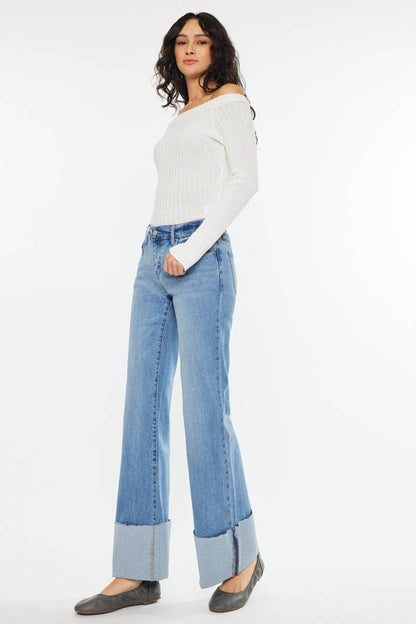 Kan Can Mid Rise Wide Flare Cuff Western Jeans — Medium Wash Stretch Denim, 5 Pocket, Cuffed Raw Hem (sizes 1, 11 and 13 remain)
