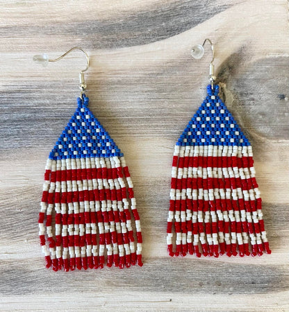 Patriotic Fringe Hand-Beaded Earrings