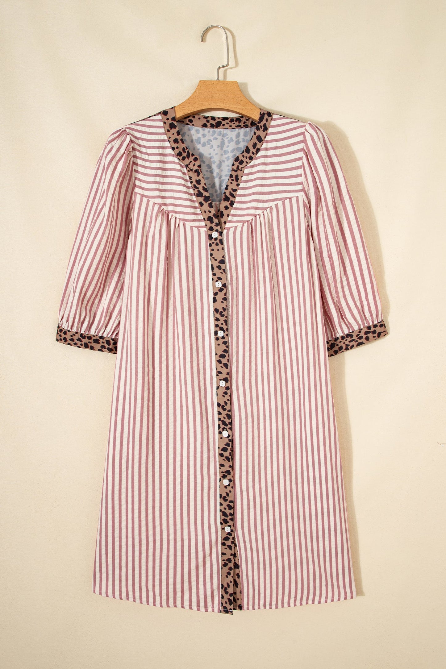 Stripe Leopard Trim 3/4 Sleeve Shirt Dress