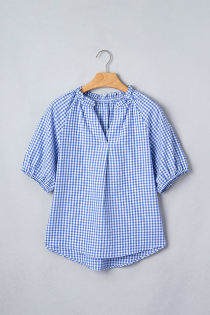 Plaid V-Neck Puff Sleeve Blouse