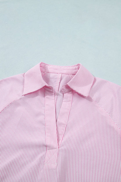 Stripe Tied Short Sleeve Collared Blouse
