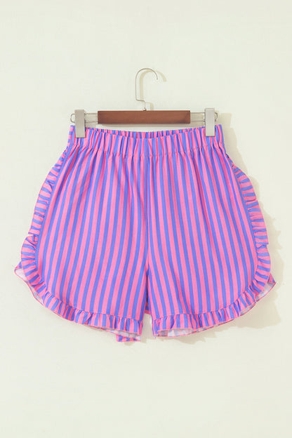 Stripe Ruffle Trim Elastic Waist Shorts