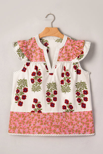 Floral Contrast Stripe Trim Flutter Sleeve Blouse