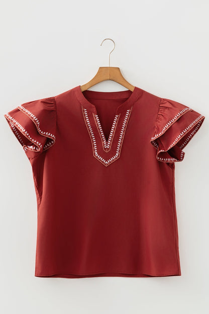Contrast Trim Flutter Sleeve V-Neck Blouse