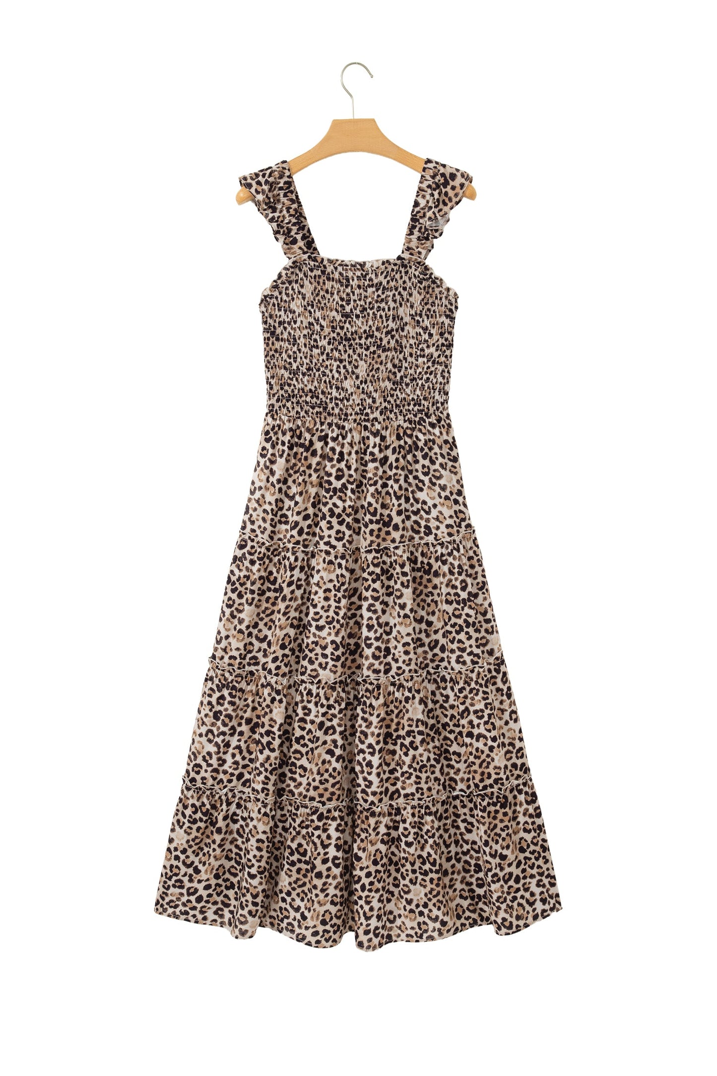 Leopard Ruffle Straps Smocked Tiered Maxi Dress