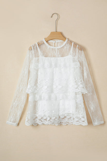 Sheer Floral Lace Ruffle Tiered Blouse & Cami