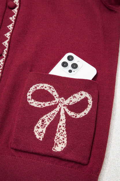 Bow Patch Pocket Collared Button Front Cardigan