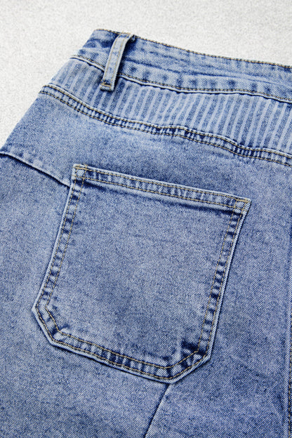 Stripe Denim Paisley Patchwork Raw Hem Shorts