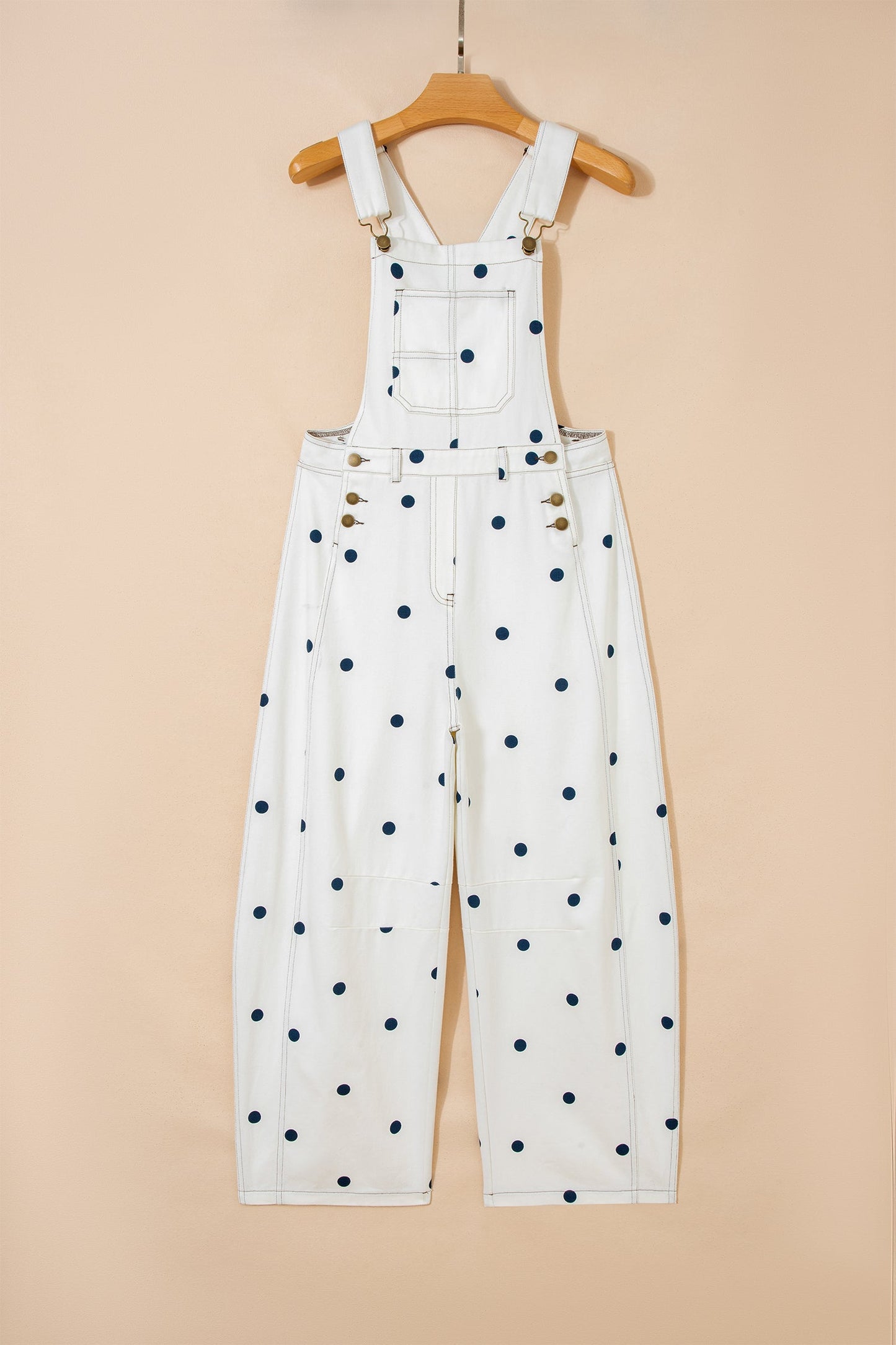 Polka Dot Denim Barrel Leg Overalls Jumpsuit