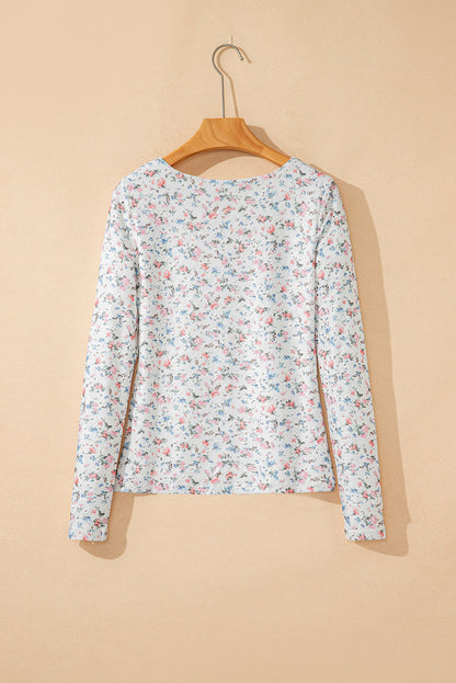 Floral Textured Square Neck Slim Fit Long Sleeve Top