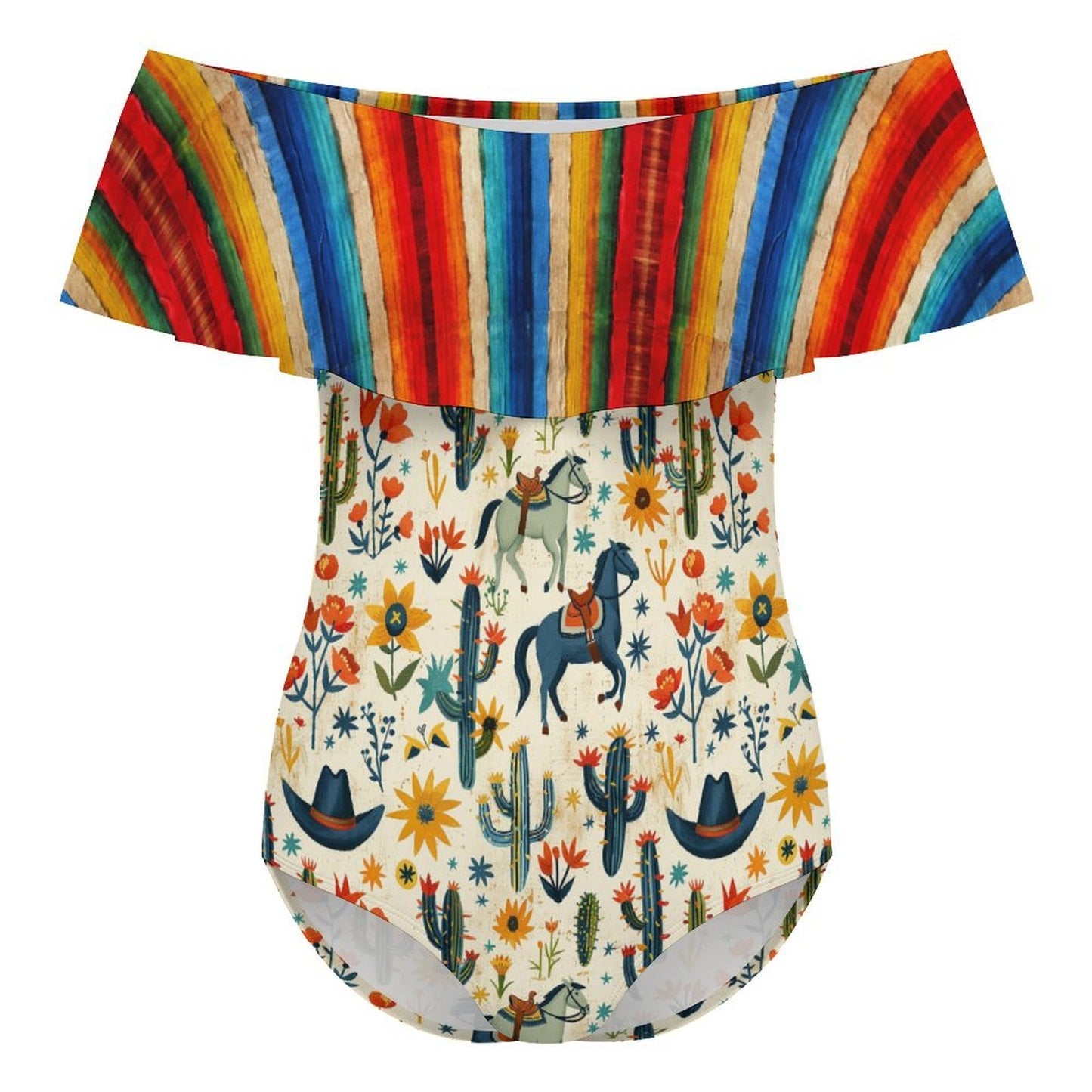 South Of The Border Serape Off-Shoulder Ruffle One-Piece Swimsuit