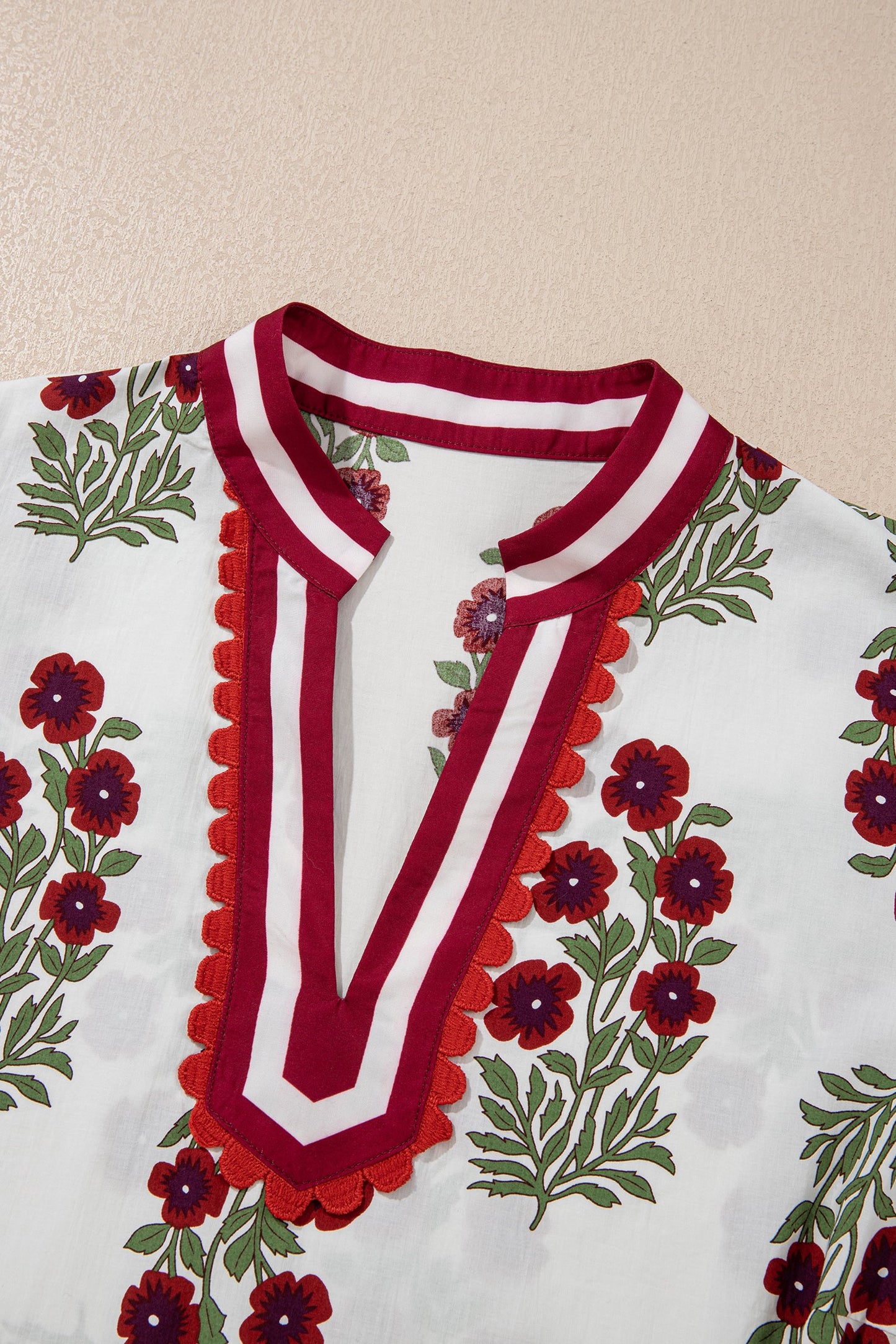 Plus Size Floral Ricrac Trim Short Sleeve Blouse