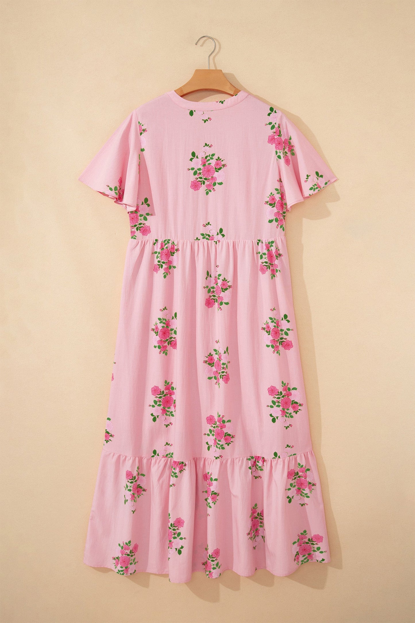 Floral Notched Neck Flutter Sleeve Maxi Dress