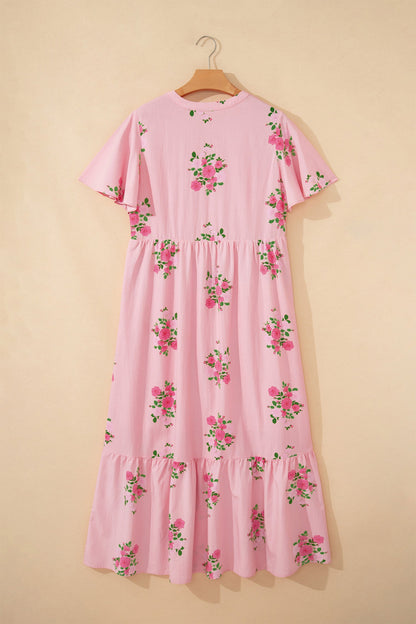 Floral Notched Neck Flutter Sleeve Maxi Dress
