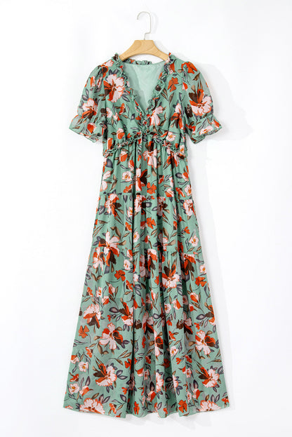 Floral Frilled V-Neck Short Sleeve Maxi Dress