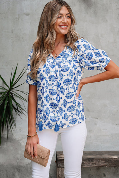 Geometric Tassel Tie V-Neck Short Sleeve Blouse